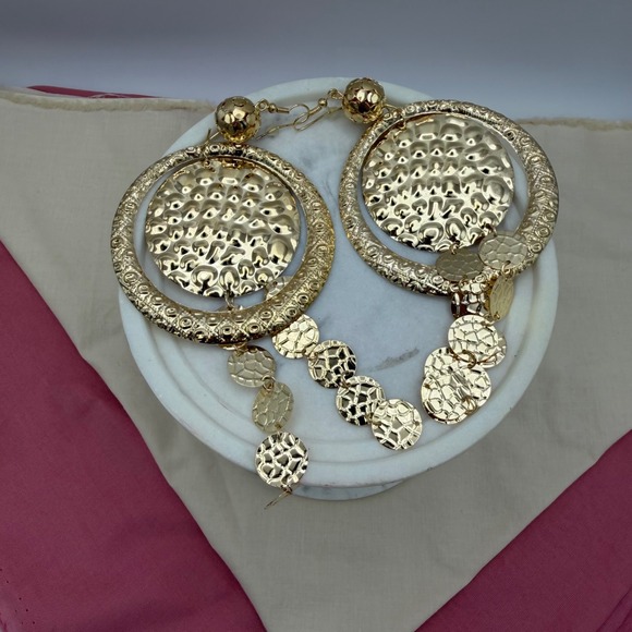 Jewelry - Gold Tone Hammered Disc Drop Dangle Statement Earrings Oversized Boho Fashion